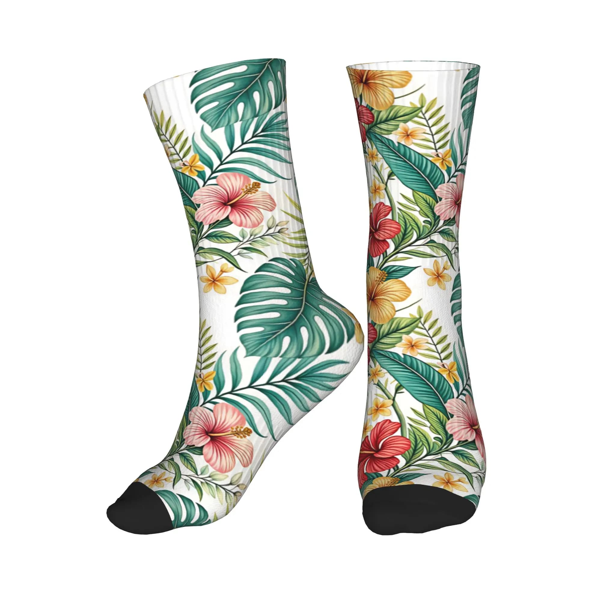 Novelty Printing Hawaiian Hibiscus Plumeria Tropical Floral Socks for Women Men Stretch Summer Autumn Winter Crew Socks