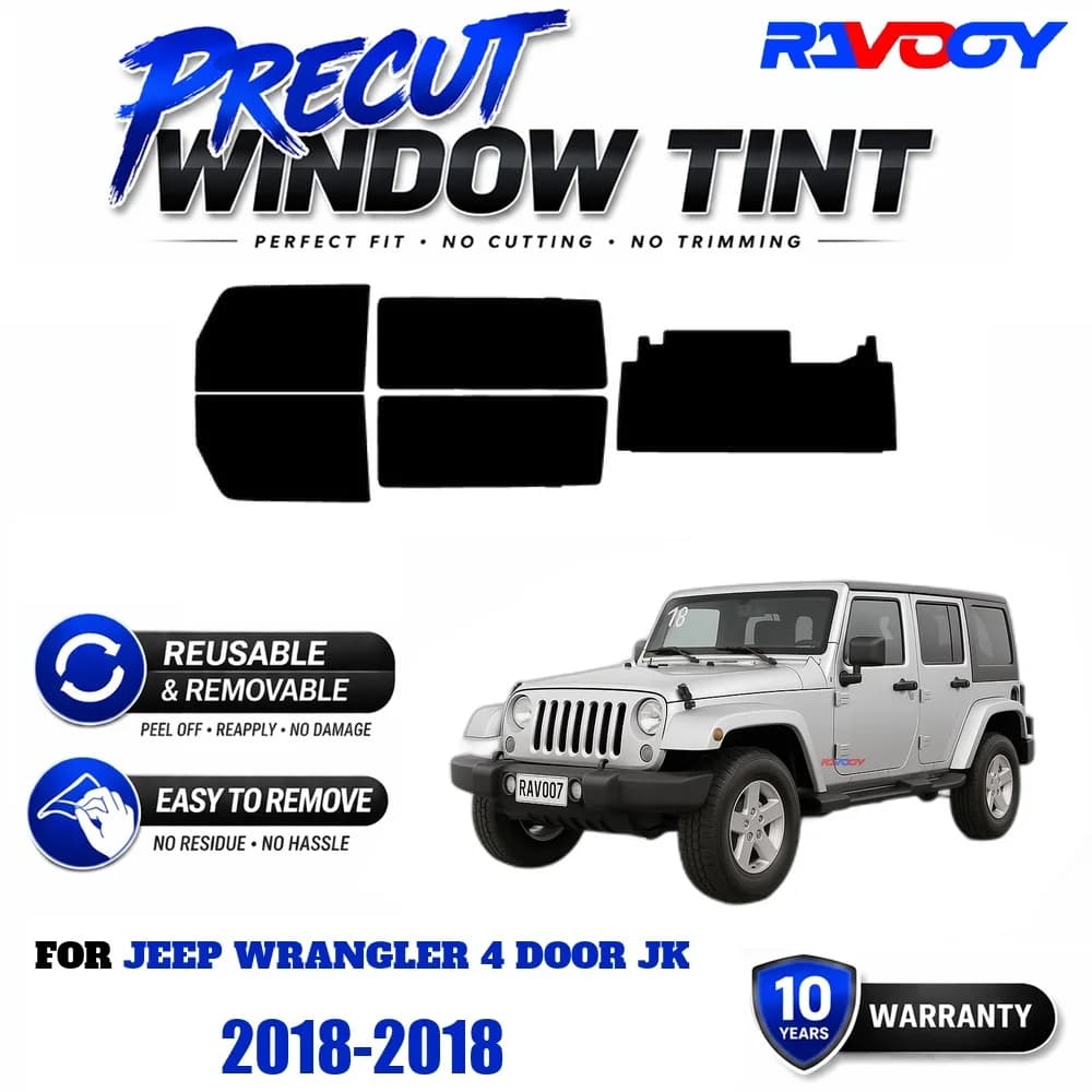 RAVOOY Precut Window Tint, Reusable Removable EPU Film, Custom Fit for Jeep Wrangler 4 Door JK 2018, UV Heat Protection