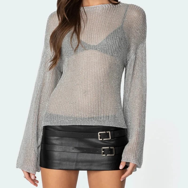 Magliette a Maniche Lunghe Trasparenti Y2k per Donne, Top in Maglia con Scollo a Barca, Pullover Aderente, Maglioni Sexy per Feste e Rave