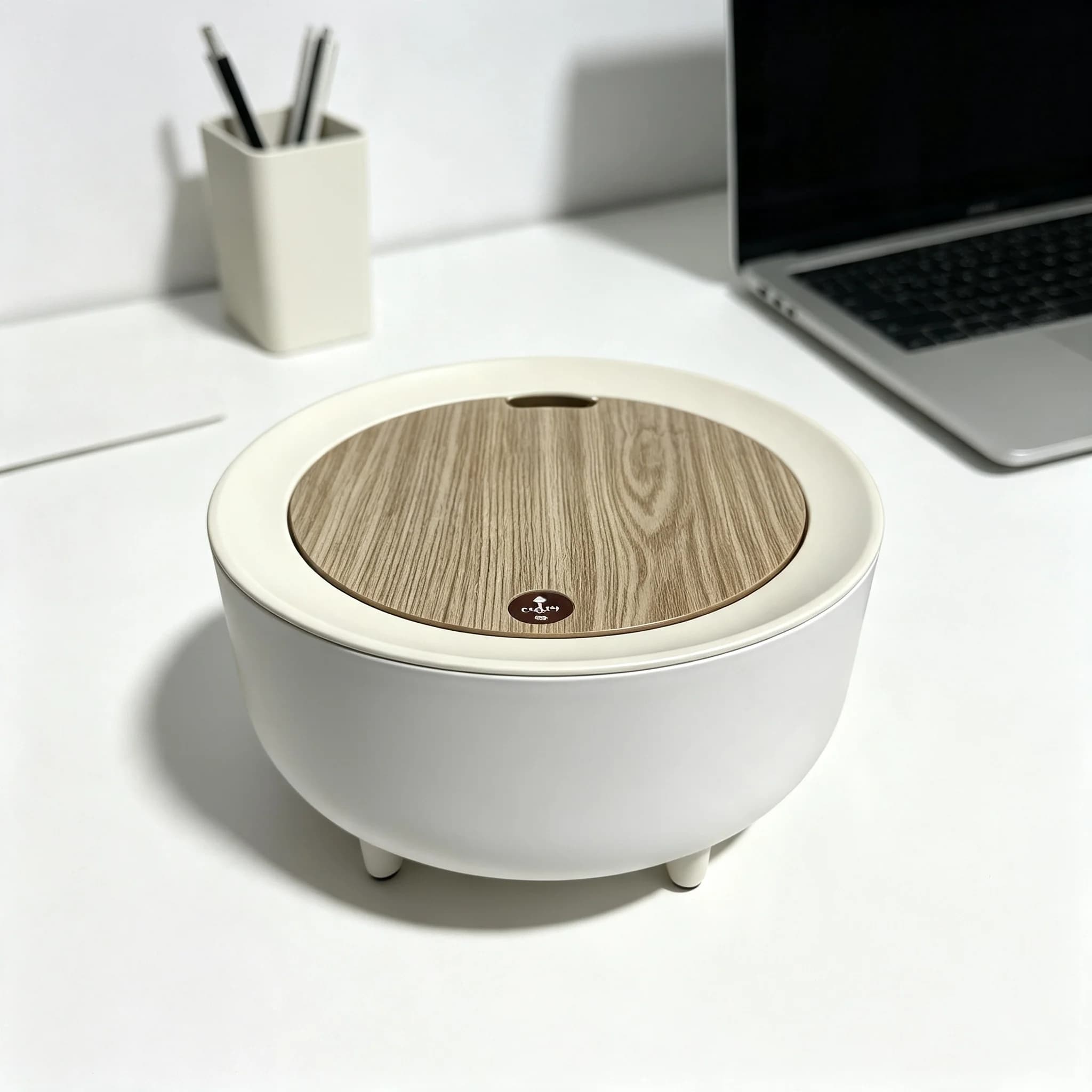 Round Press‑Top Desktop Trash Can,Wood Grain Lid Mini Table Waste Bin with Non‑Slip Feet,Detachable Garbage Bucket for Vanity Desk Bedroom Office