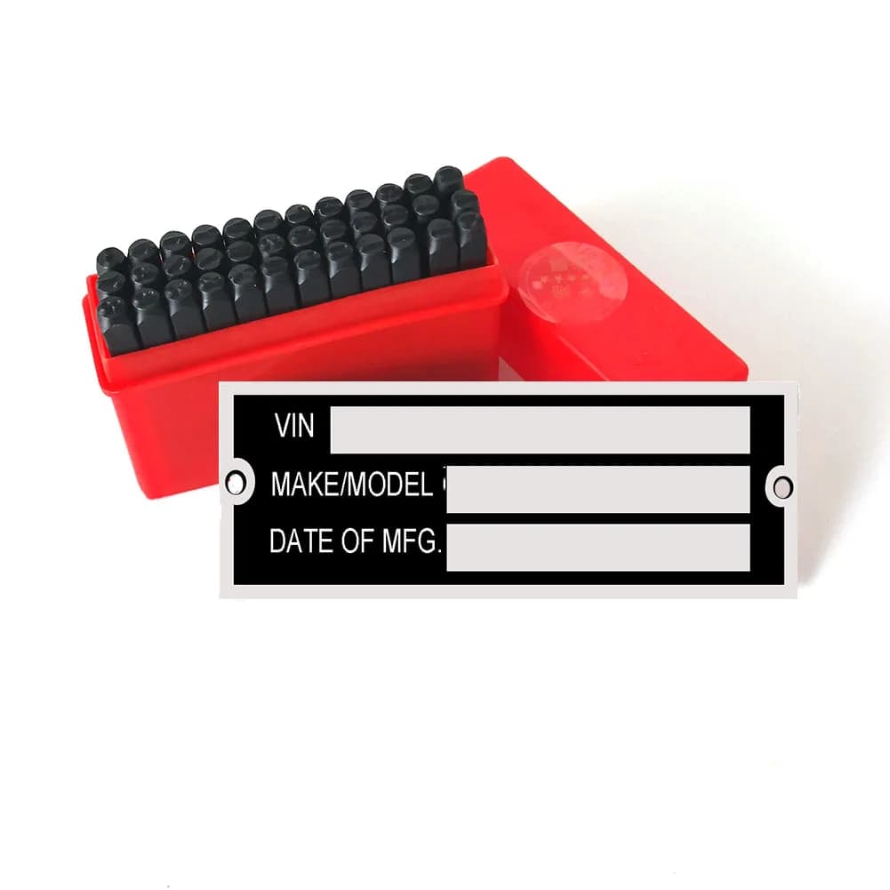 Blank data plate for VIN and frame weight with set of punches for numbers and letters, warning sign