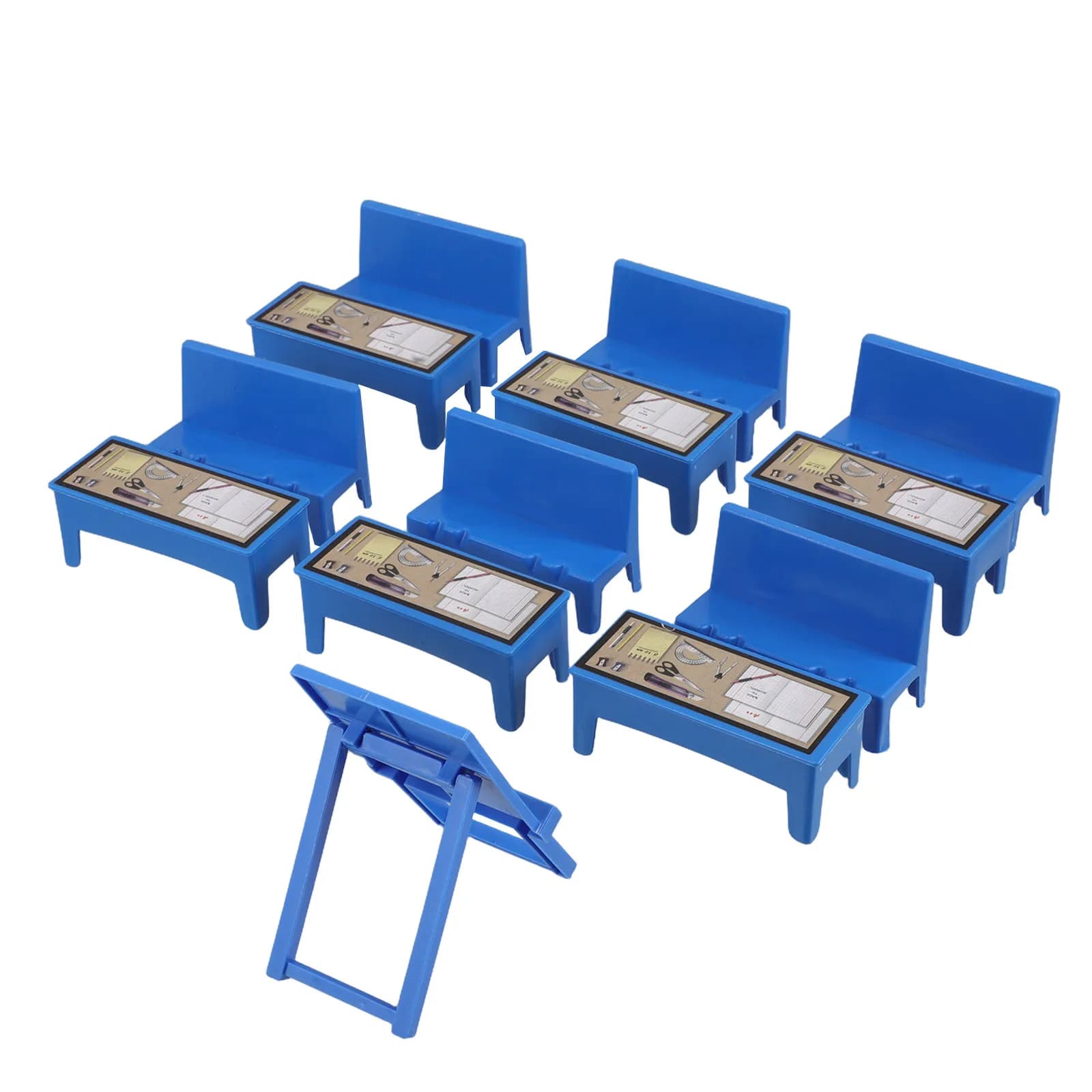 Set di 13 Pezzi di Mobili in Miniatura per Aula Scolastica per Bambini con Scrivania Regolabile, Sedia, Lavagna e Libreria