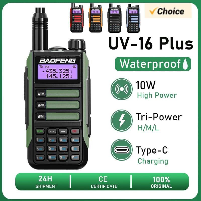 Ricetrasmettitore Baofeng UV-16 Plus a Lungo Raggio 10KM, Radio Bidirezionale 10W VHF UHF, UV 16 Pro con Ricarica USB Tipo C, FM ad Alta Potenza