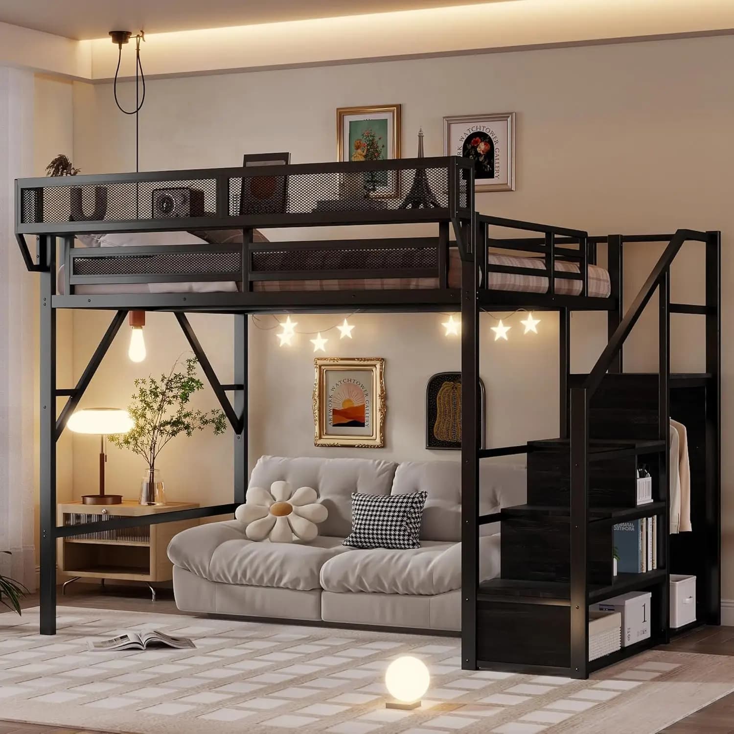 Letto a soppalco matrimoniale per adulti, in metallo, con scale e contenitore, armadio, mensola laterale e ampio spazio, personalizzabile