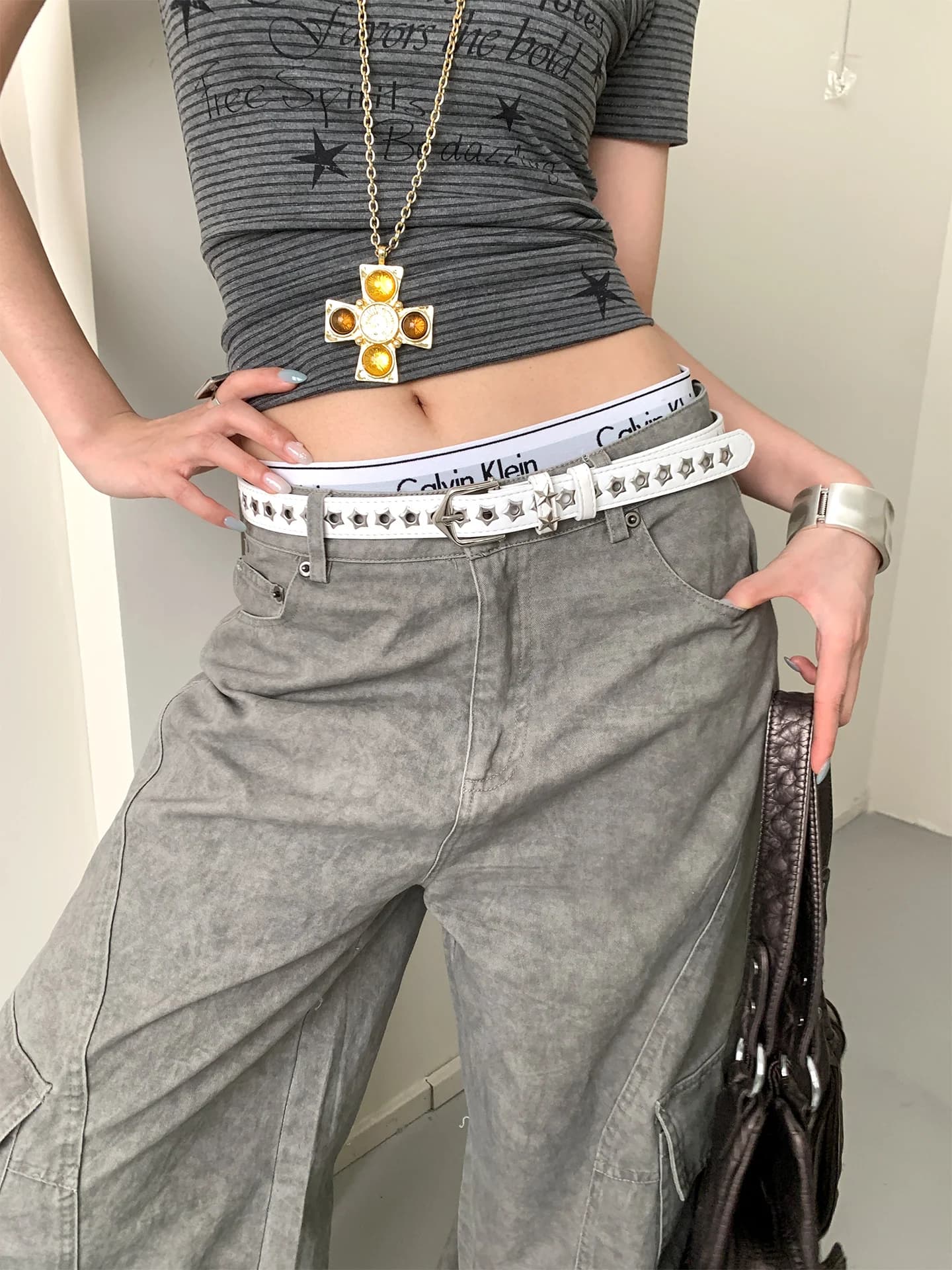 American Y2K Star Studded Belt Women's Heavy Craftsmanship Hot Girl Style Leather Belt Decoration No-Punching With Jeans Belt