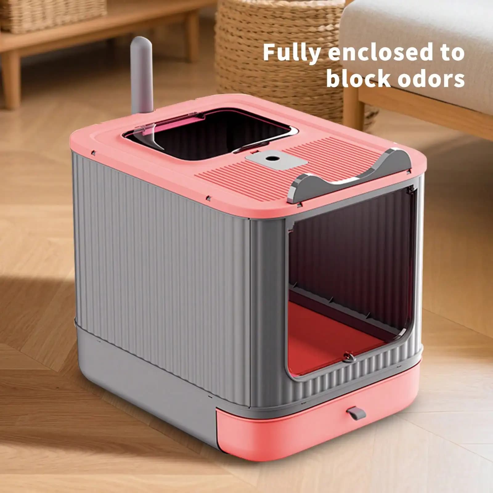 Fully Enclosed Cat Litter Box With Lid - Foldable Covered Kitty Litter Enclosure, Anti-Splashing, Easy To Clean With Drawer, Includes Cat Mat And Scoop - White & Pink