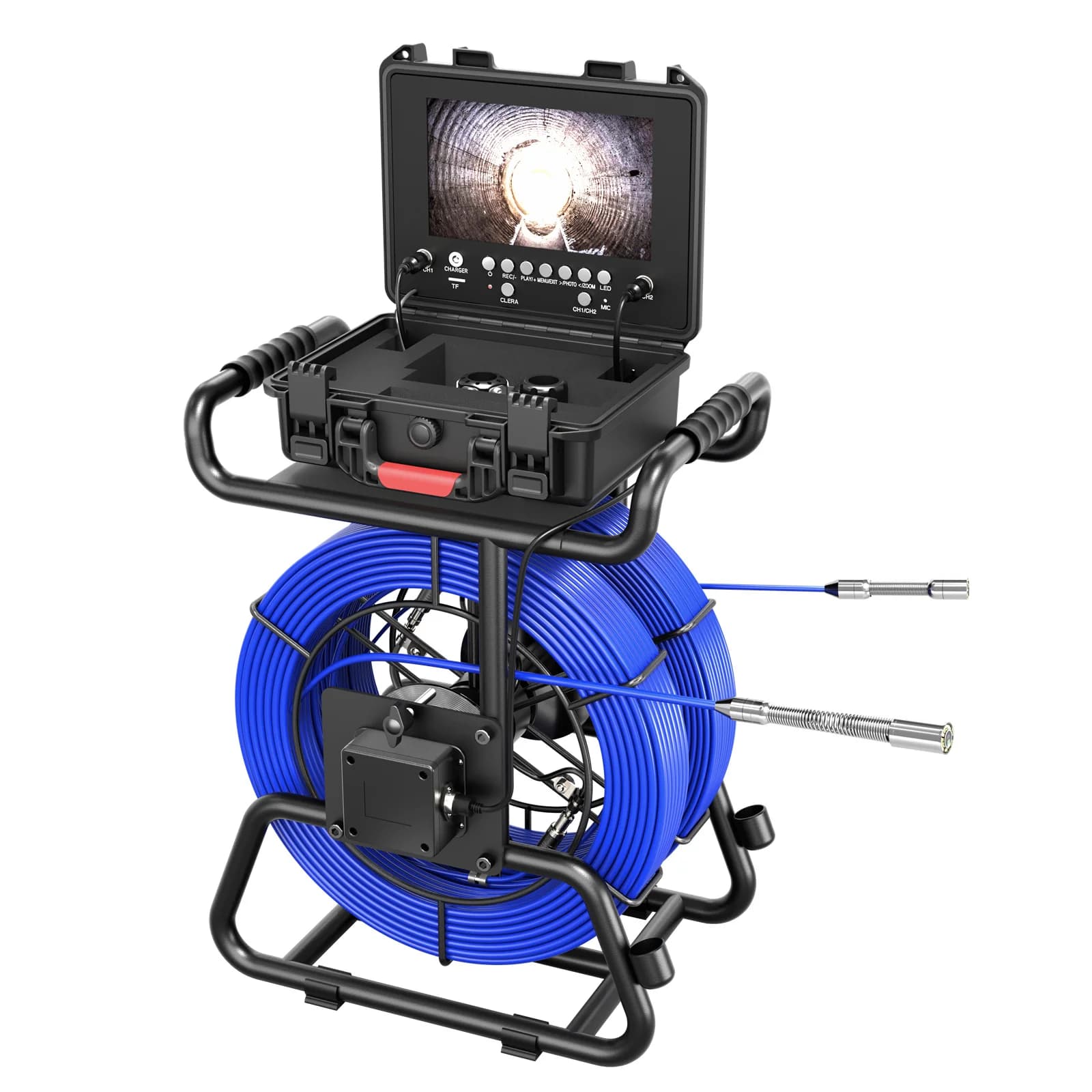 9" IPS CMOS Dual Lens Borescope 1080P Meter Counter 512HZ Self-leveling Sewer Pipe Inspection Camera SD Card H.264