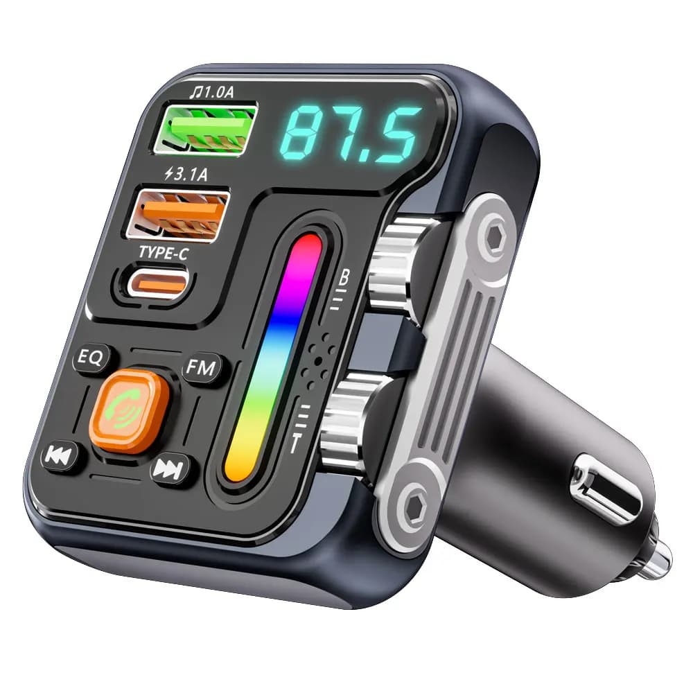 Lettore MP3 per auto wireless, trasmettitore FM, ricarica rapida USB/PD 3.1A, audio Hi-Fi, barra luminosa musicale, design a doppio rullo, caricabatteria per auto