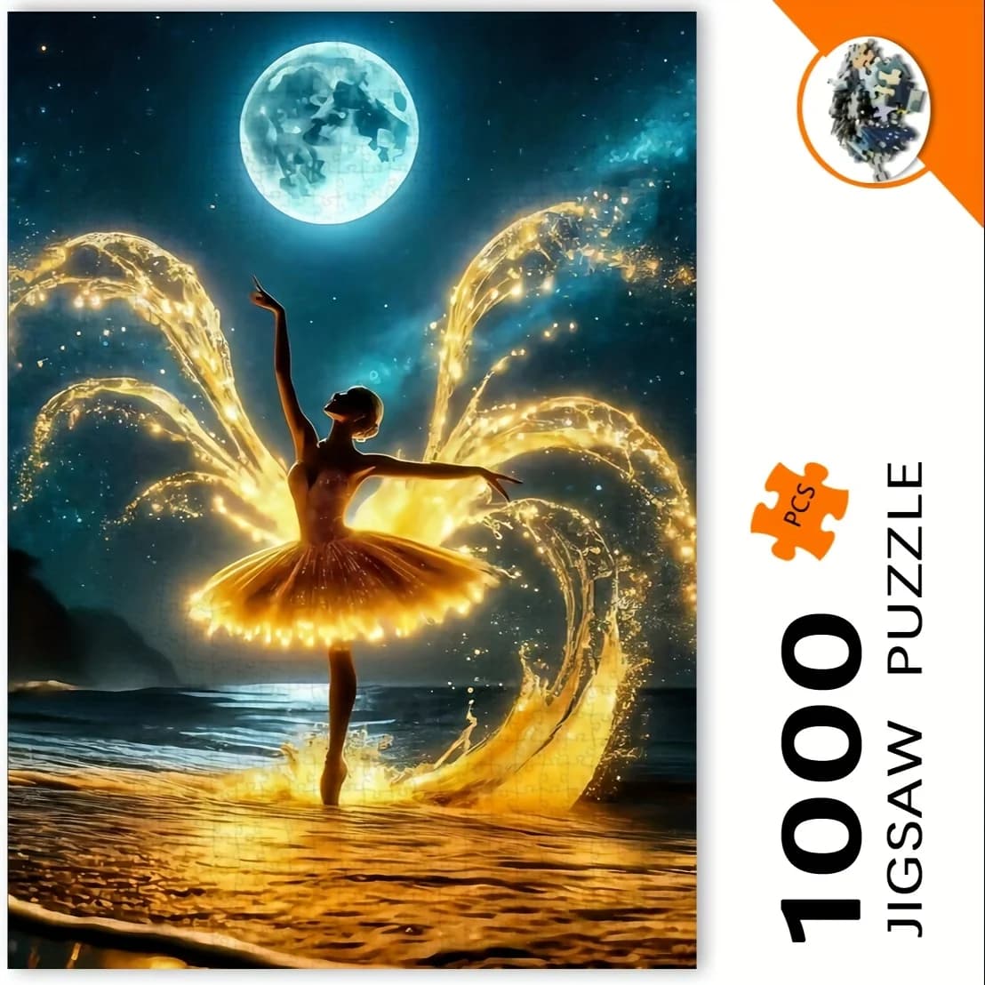 Puzzle da 1000 pezzi - Ragazza danzante illuminata al luna con scintille dorate, sfida del cielo notturno di ballerina di danza classica con particelle luminose, Vib