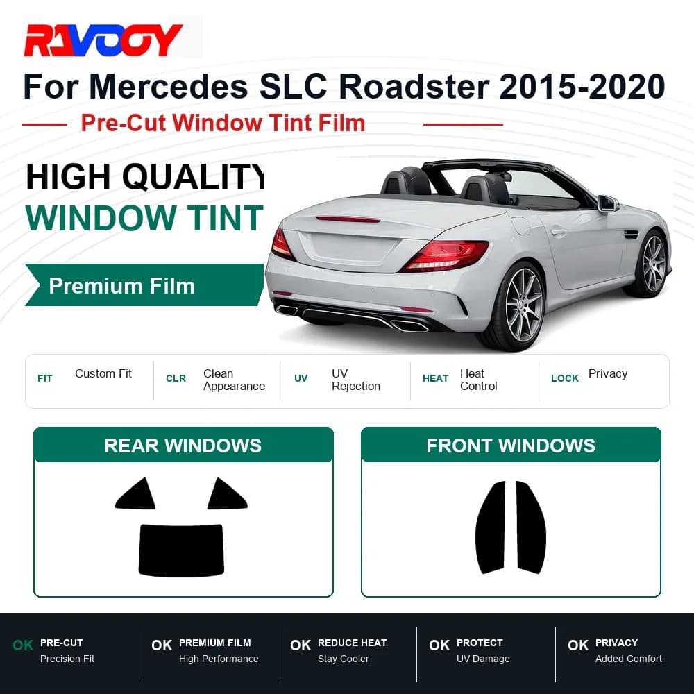 RAVOOY Precut Window Tint, Reusable Removable EPU Film, Custom Fit for Mercedes SLC Roadster 2017-2020, UV Heat Protection
