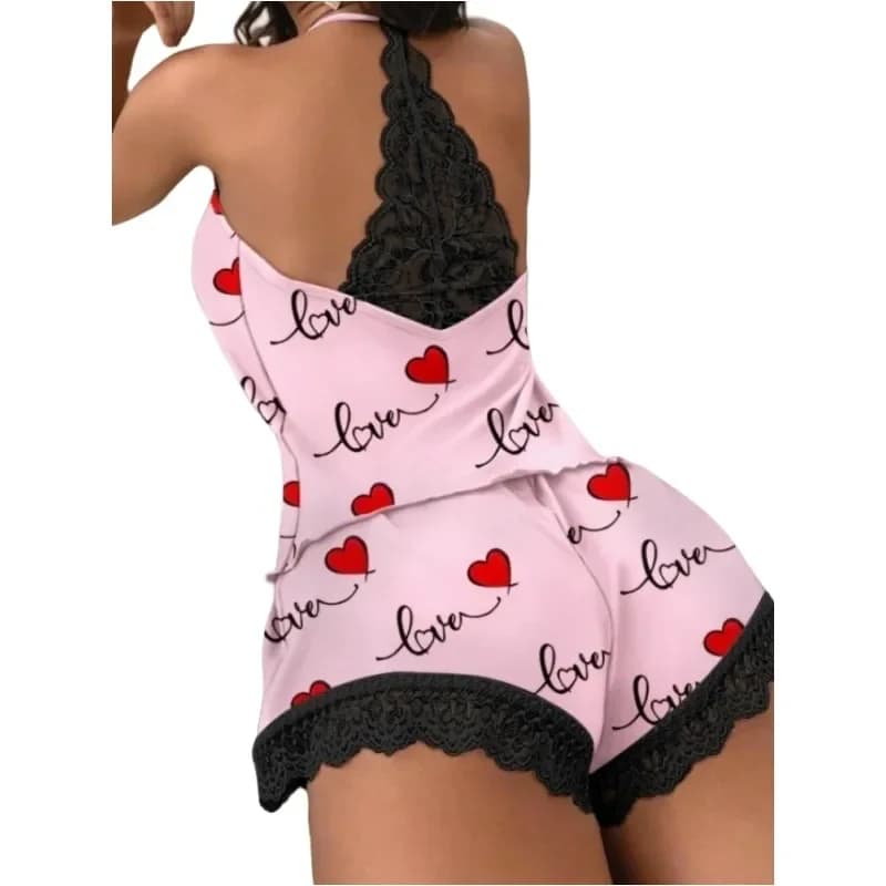 Pigiama casual da donna Set pigiama estivo con scollo a V senza maniche con stampa a cuore Cami e pantaloncini Set Pigiama Homewear Abiti