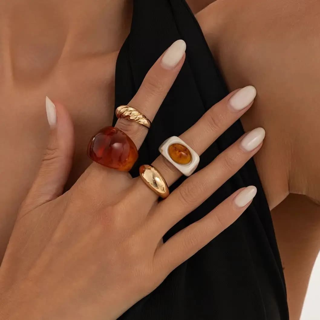 IngeSight.Z 4Pcs/set Bohemia Retro Brown Oval Large Wide Resin Rings Women New Fashion Metal Geometric Finger Ring Punk Jewelry