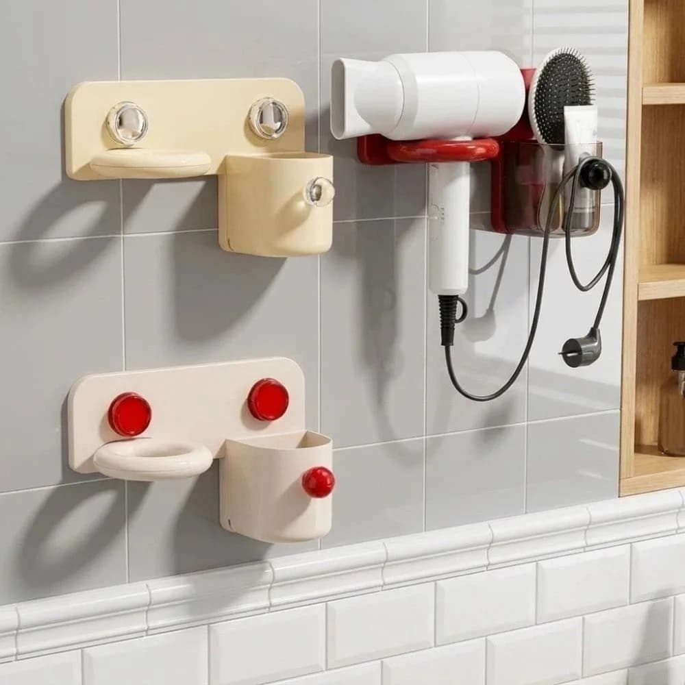 Durable Plastic Hair Dryer Holder Punch Free Space Saving Hair Dryer Rack Wall Mounted with Storage Box Blower Holder Bathroom
