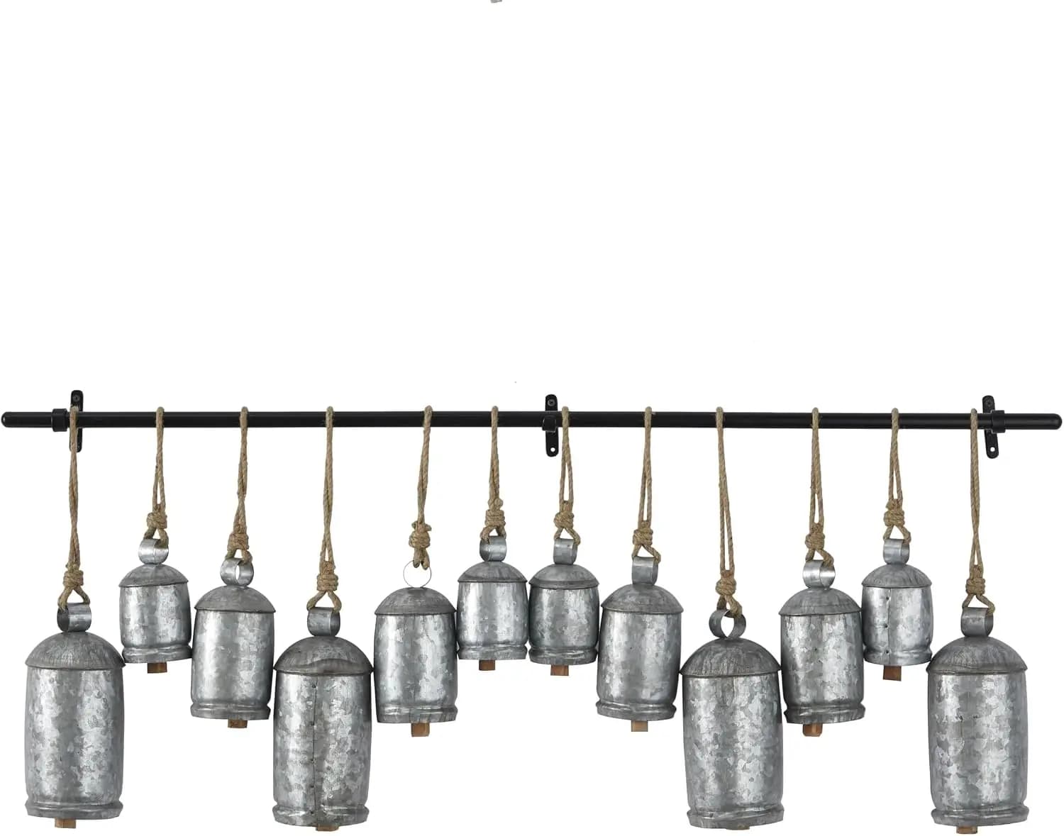 Deco 79 Metal Decorative Cow Bells Tibetan Inspired 12 Bell with Jute Hanging Rope and Black Metal Rod, 48" x 6" x 20", Gray