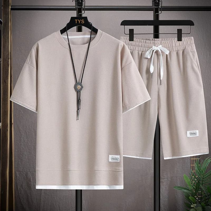 Men's new Casual Loose-Fit Waffle Summer Suit 2024 Casual T-shirt + Shorts Suit Men's Tracksuit Solid color tracksuit loose suit