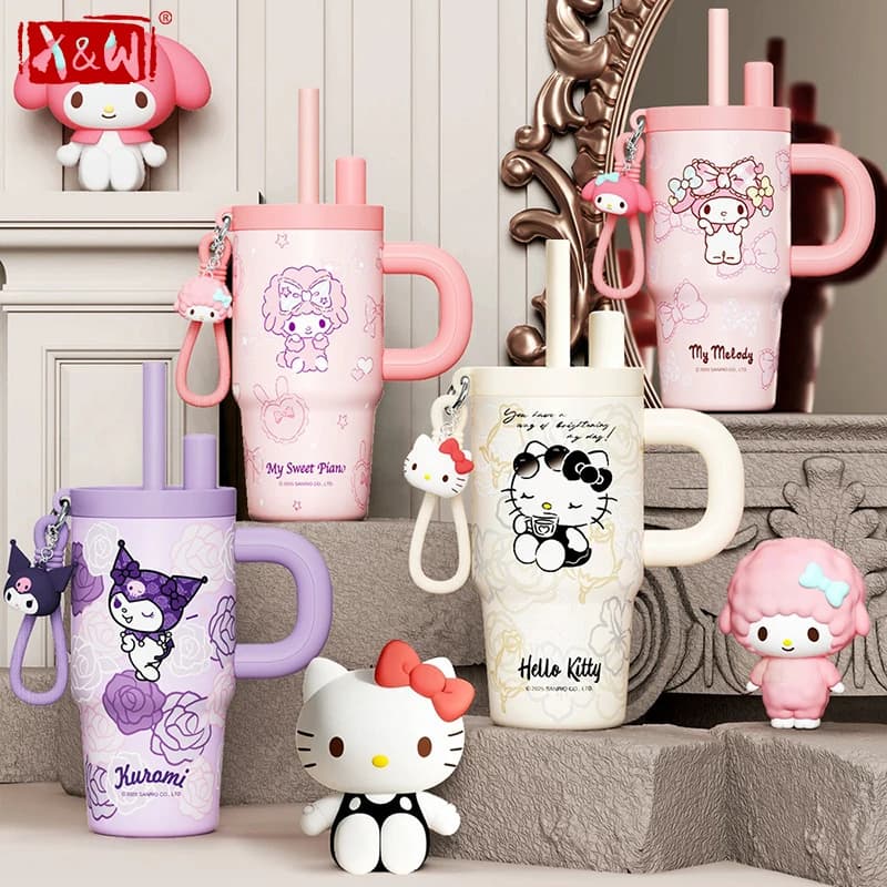 X&W Tazza Termica Sanrio 650ML, Simpatica Tazza Isolante Hello Kitty Kuromi con Cannuccia, Thermos per Bevande Calde e Fredde, Tazza da Viaggio per Auto