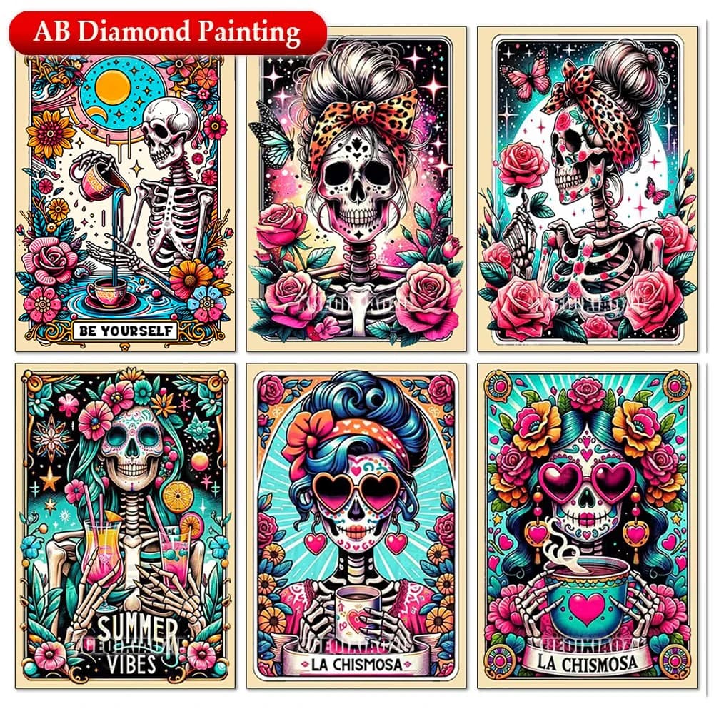 Skull Girl Art Diamond Painting Tarot Skull Woman Mosaic Inlay Cross Stitch Kit AB Rhinestone DIY Gift Decorative Painting