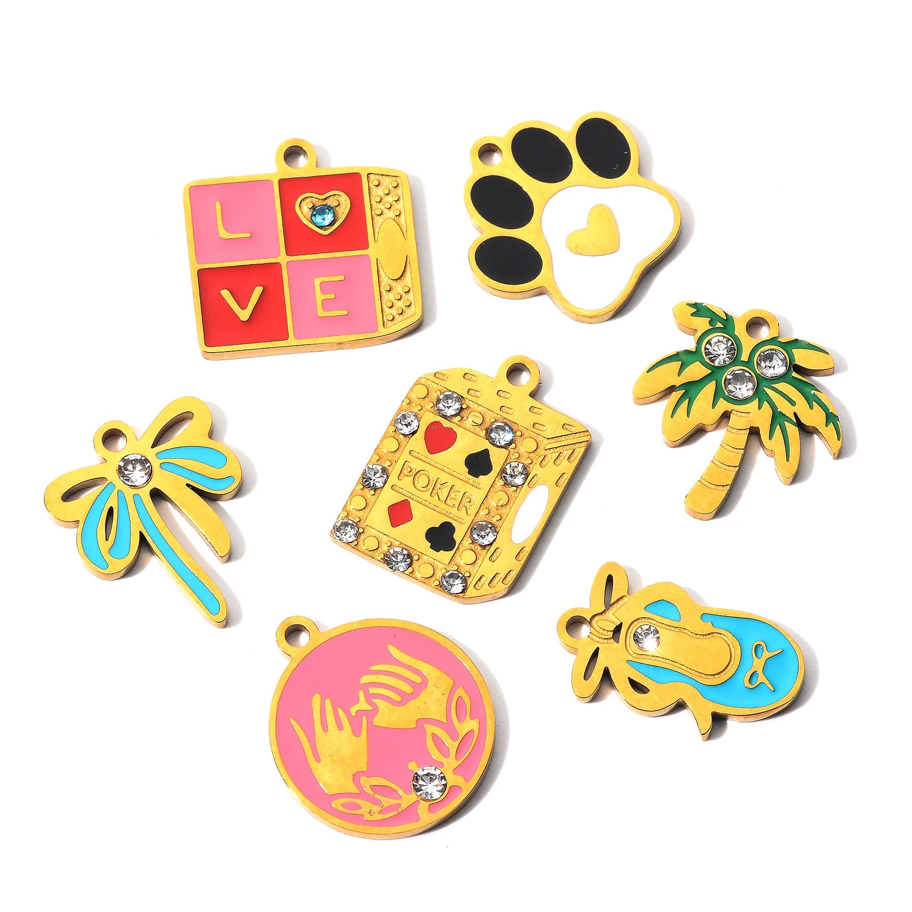 6Pcs Stainless Steel Enamel Rhinestone Pendants Love Cat Paw Palm Tree Peace Dove Charms for Jewelry Making
