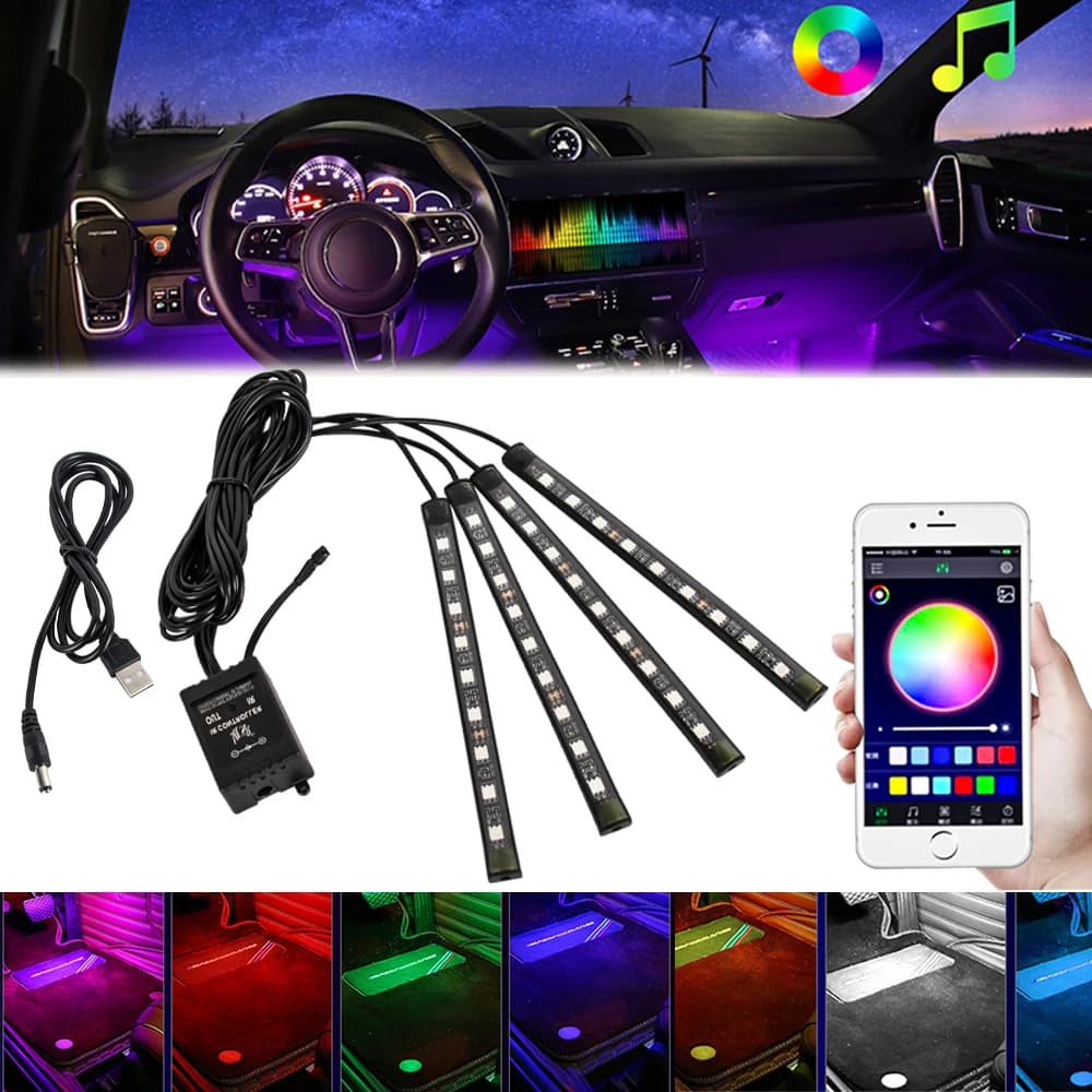 RGB Environmental Light Automatic LED Foot Strips for Car with USB Cigarette Control Decorative Bar for Interior Light Strips for Vehicles