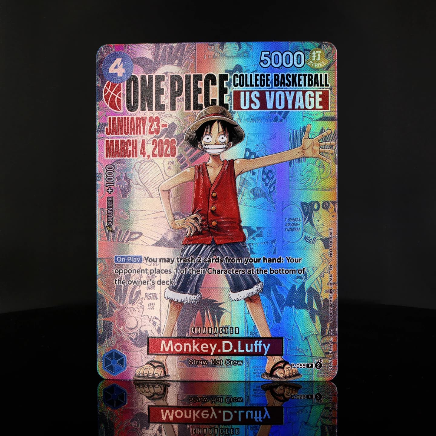 Set da 4 carte collezionabili anime One Piece TCG OPCG Monkey.D.Luffy P-055 in foil testurizzato, a tema College Basketball US Voyage, in inglese