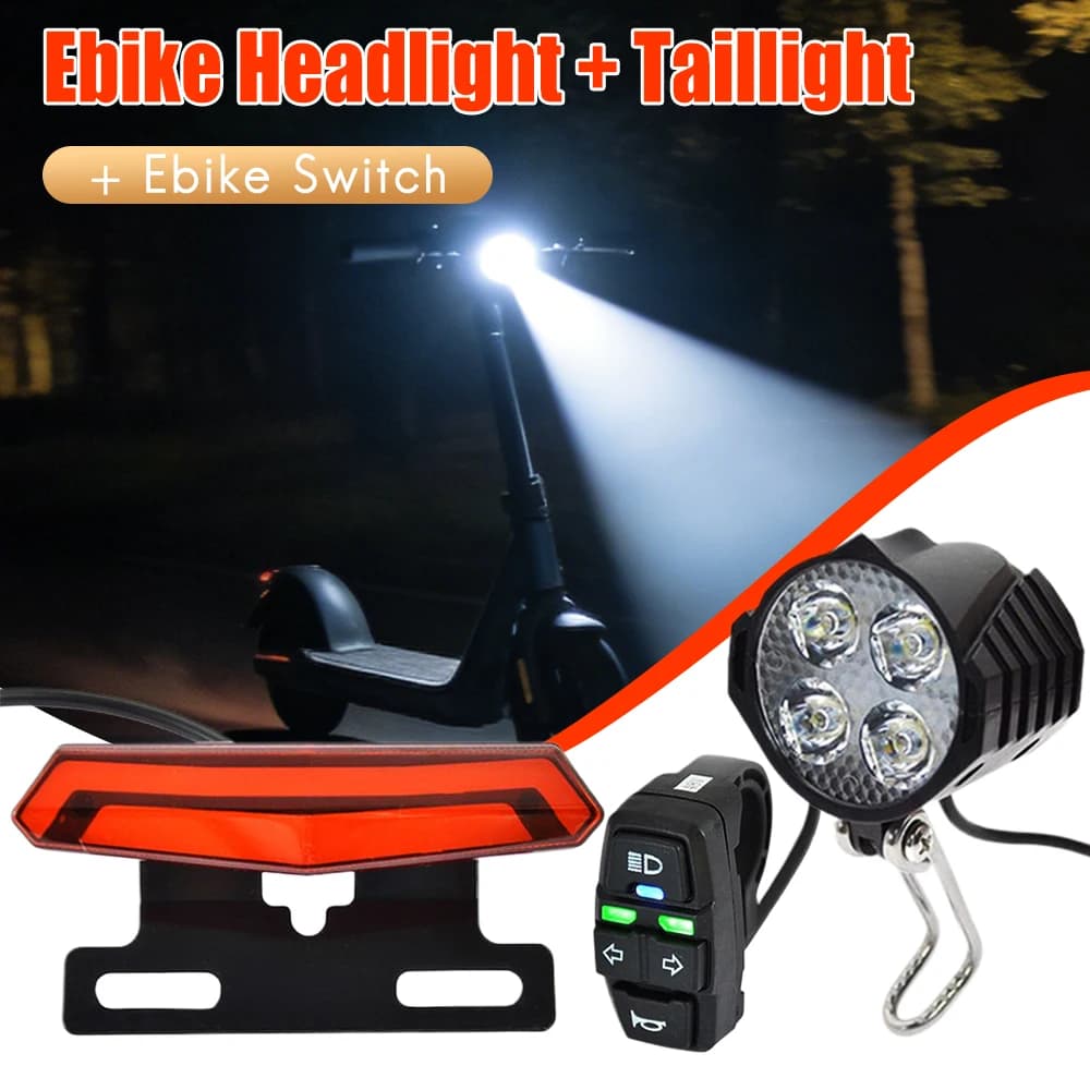 Set Luci Anteriori e Posteriori per Bici Elettrica 24-48V, Luce Freno Anteriore, Luce Posteriore, Clacson, Faro con Interruttore, Risparmio Energetico, Facile Installazione