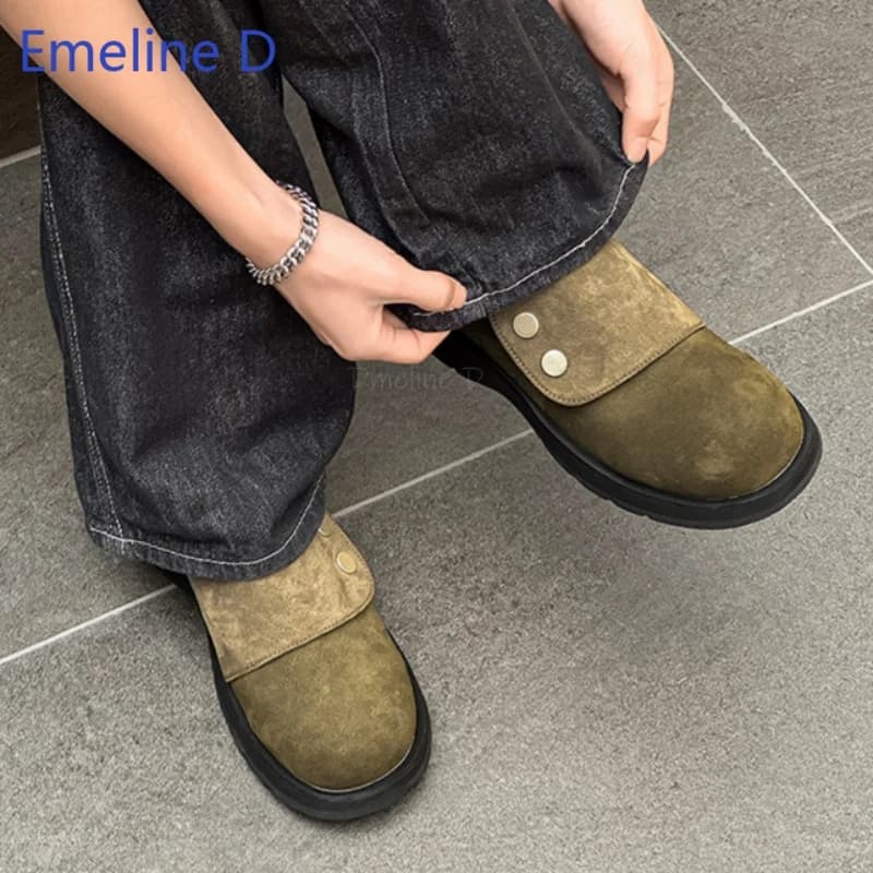 Army Green Suede Round Toe Slip On Loafers Metal Button Strap Low Block Heel Comfortable Casual Daily Work Outdoor Men Footwear