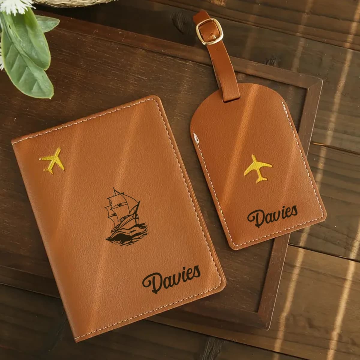 Set of 2 custom labels for luggage with passport clip, combination of letters with hot print, name abbreviation, sailing pattern.
