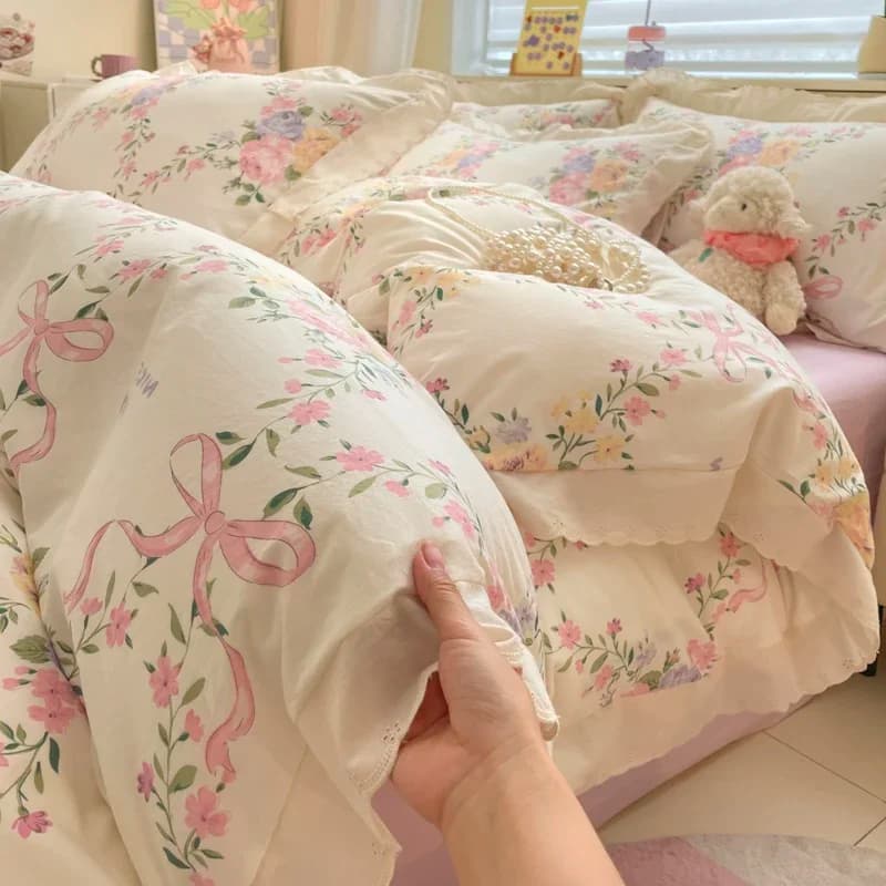 Y1 Home3ps Set copripiumino floreale con piante addensate Set biancheria da letto per camera da letto per ragazza donna con design a fiocco rosa Fiori colorati Trapunte per la casa