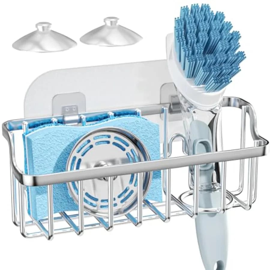Sponge Holder Sink Caddy - Ladder Shaped Sponge Holder for Kitchen Sink with 2 Installation Ways Suction Cups and Adhesive Hook