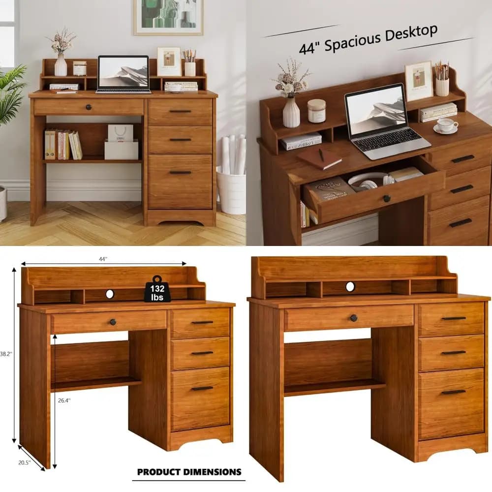 Compact desktop for computer winner with storage drawers, wooden desk with integrated sheet and monitor support for small spa offices