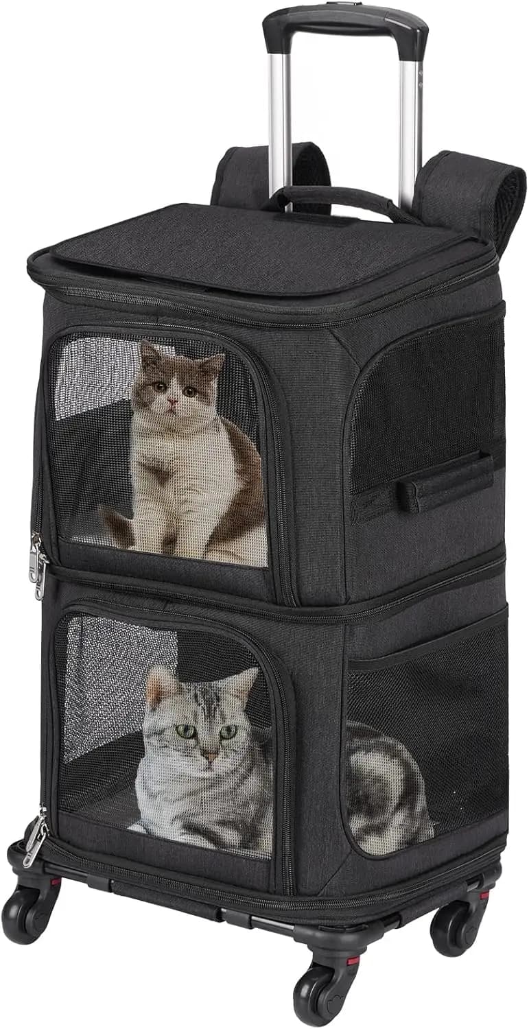 Zaino doppio per animali domestici con ruote per cani e gatti di piccola taglia, design ventilato, ideale per viaggiare, escursioni, campeggio, nero