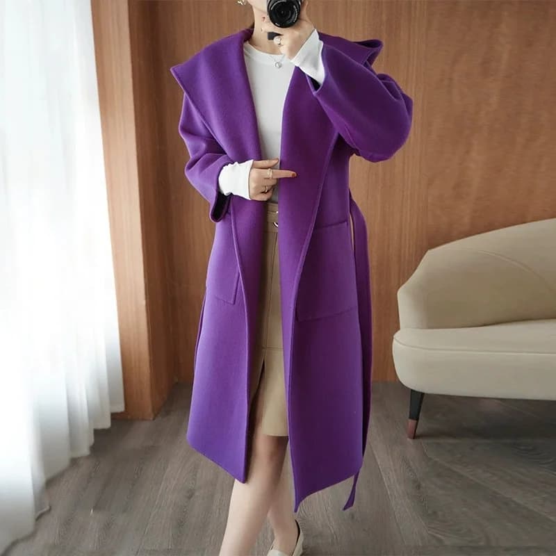 2025 High-quality Double-faced Cashmere Coat Women's Long Wool Overcoat Autumn Winter Hooded Sashes Loose Outerwear Streetwear