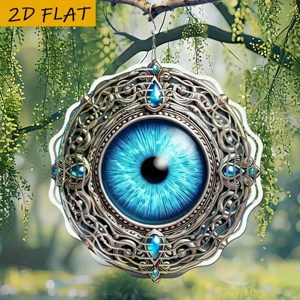 360 Rotating Wind Chimes Outdoor Metal Garden Decor Blue Eye Patio Hanging Ornament Gift