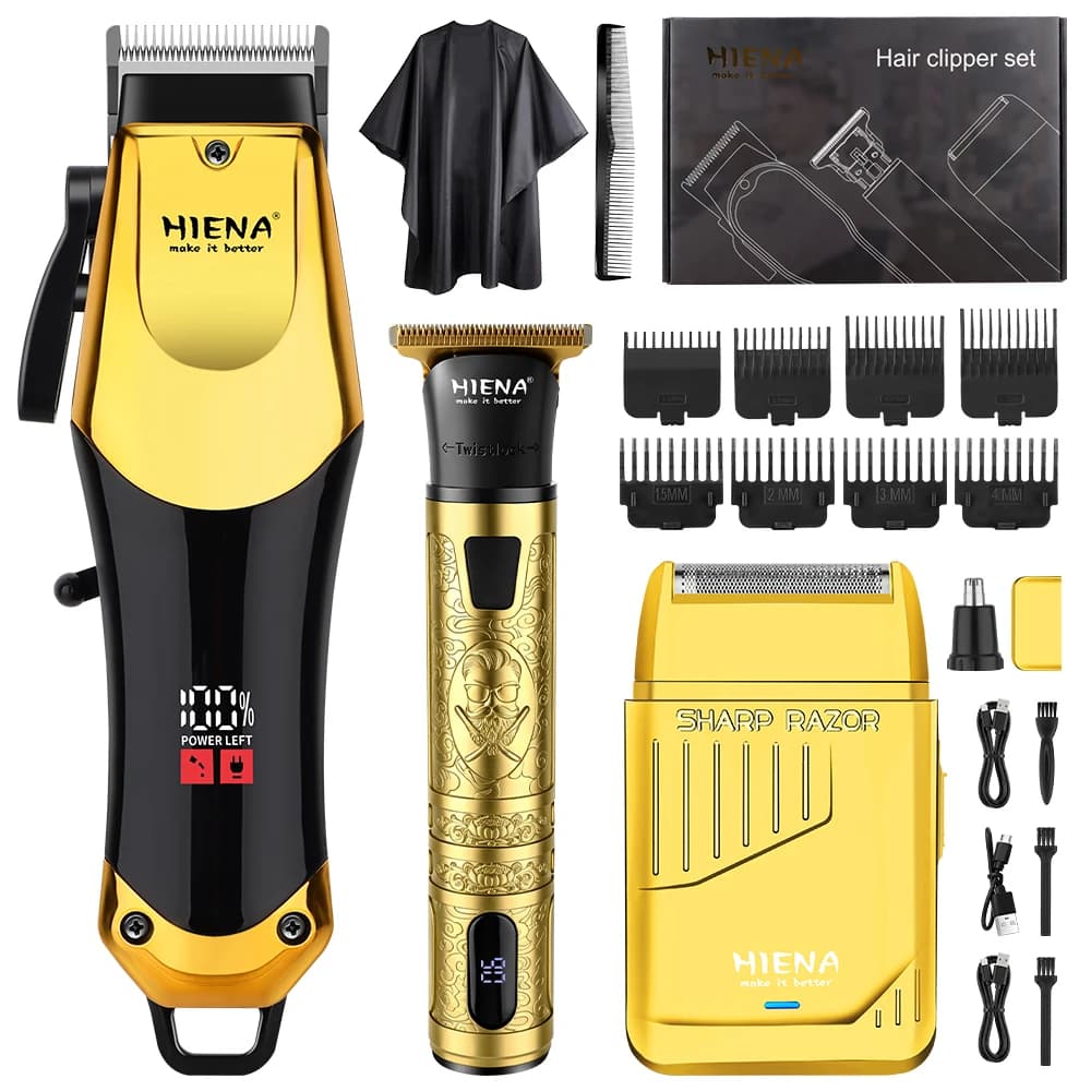 HIENA 3in1 Hair Clipper Kit Cordless T Trimmer Foil Shaver USB LCD Barber Tools Cape Guide Combs