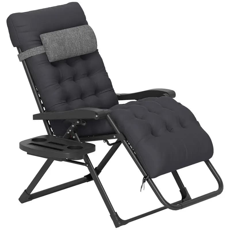 Padded Folding Recliner Chair, Patio Lounger with Cupholder, Adjustable Backrest, Removable Cushion, Black