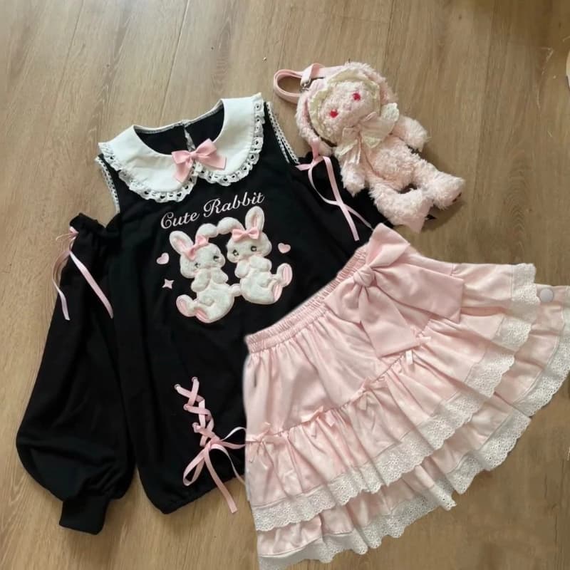 Set di Abiti in Due Pezzi Stile Y2k Giapponese Kawaii, Top a Maniche Lunghe con Stampa Dolce + Minigonna Tinta Unita con Patchwork e Lacci, Slim Fit Primavera-Estate