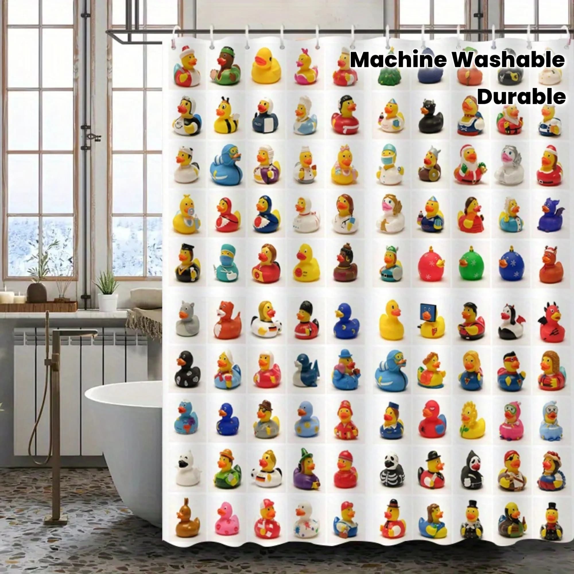 All Kinds Rubber Ducks Shower Curtain, White Grid Multicolor Cute Duck Pattern Waterproof Partition Curtain for Home Shower Room