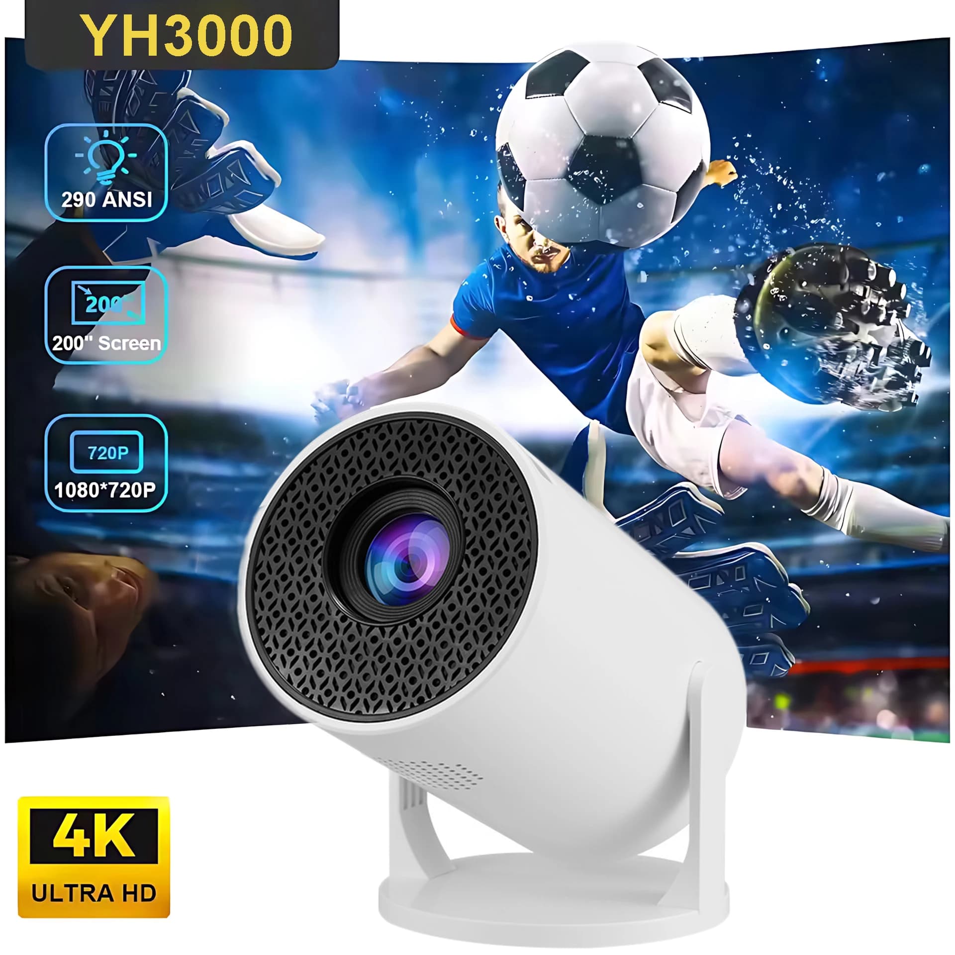 Nuovo Proiettore YH3000 2026 4K Android 11 Wifi6 290ANSI Allwinner H713 BT5.0 1080P 1280*720P Cinema Portatile per Esterni