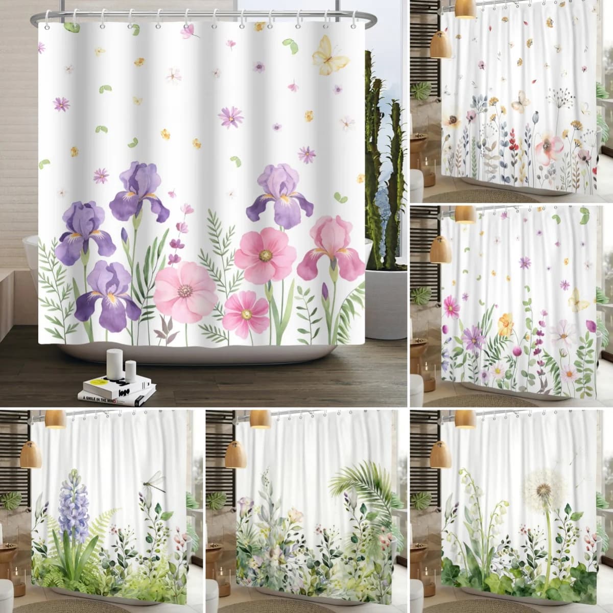 Tenda da Doccia con Motivi di Piante, Foglie e Fiori, Impermeabile, Decorazione per Bagno, Stile Naturale, Tema Floreale, Resistente agli Schizzi, Divisorio per Vasca