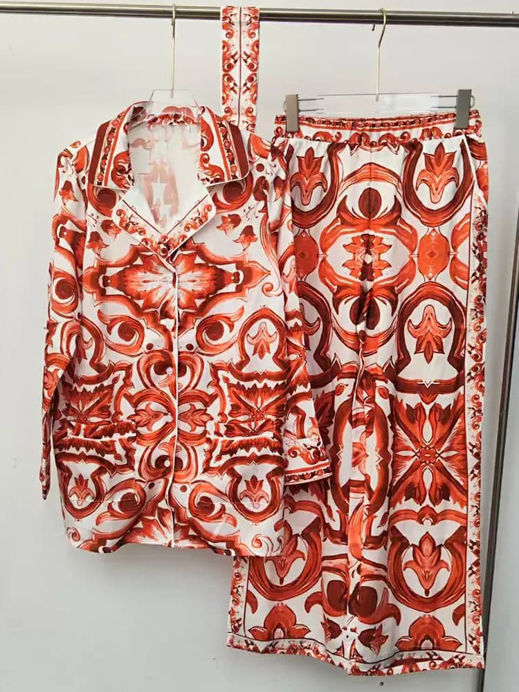 Spring new fashion two-piece printed single-breasted lace-up waist long-sleeved shirt+high-waist wide-leg trousers women's suit