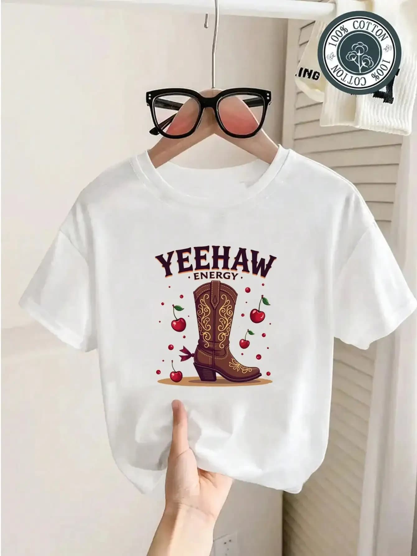 Western cowboy cotton t-shirt for young people, white t-shirt with cowboy boots and cherry elements