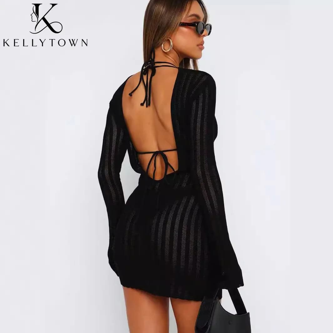 Backless Dress Sexy Rib Knit Mini Dress Women Autumn Winter Outfits Solid Party Club Streetwear Chic Bodycon Long Sleeve Dress