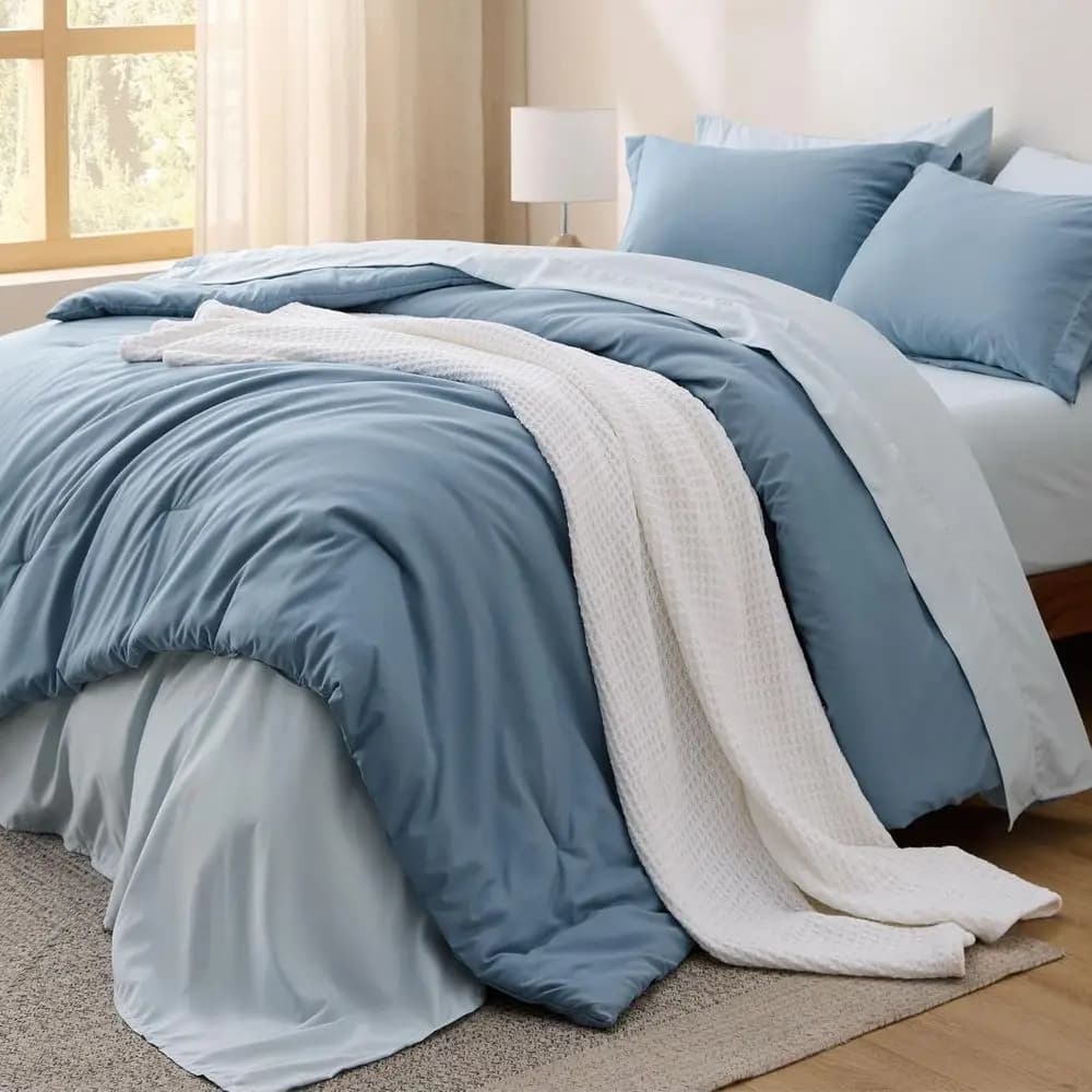 Set Double Cover - 7 Pieces Blue Grey, Set Bed Linen for All Seasons, Design Boho Contrast, Set Complete with Cover
