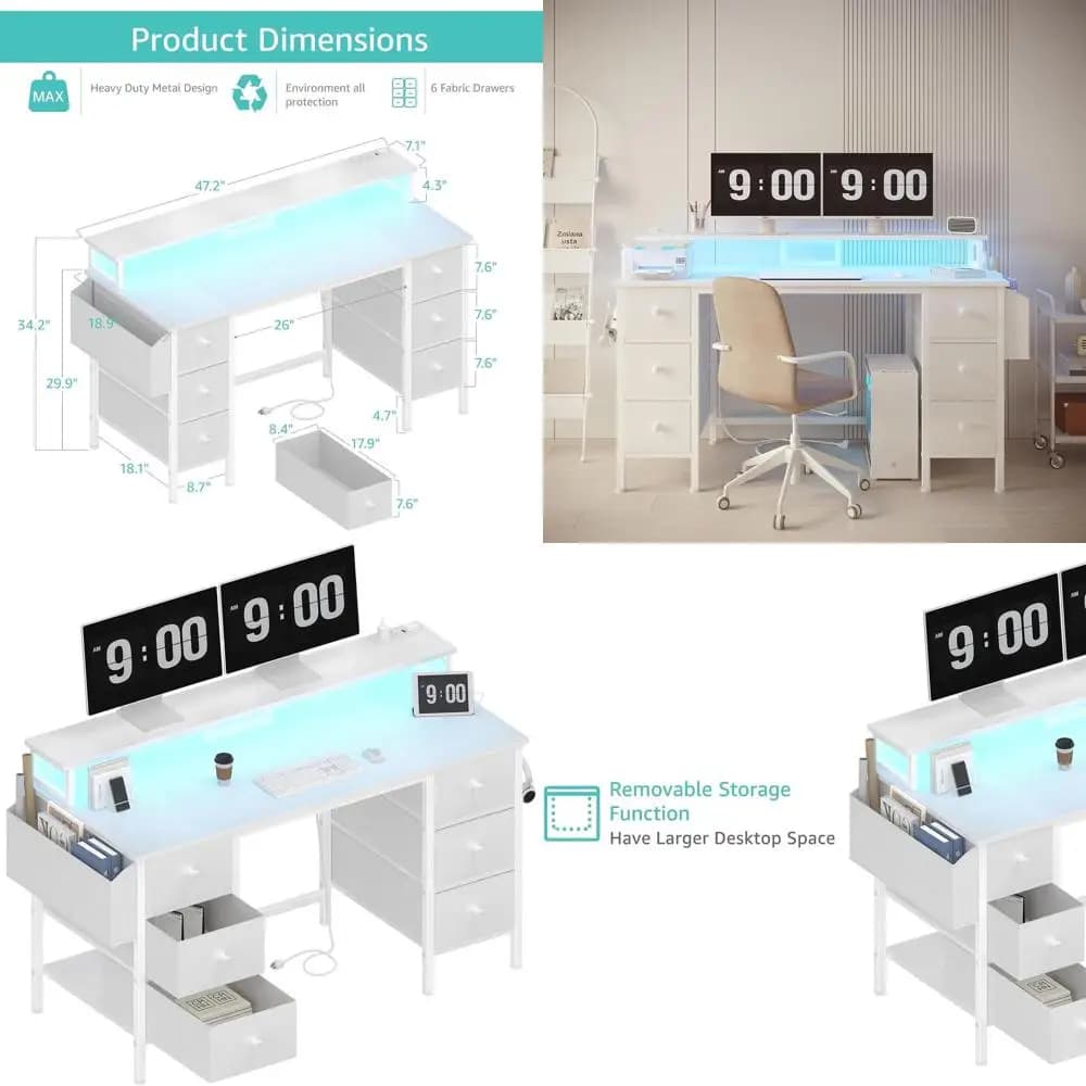 47 white office desk with drawers, holders, monitor support, LED lights and sockets