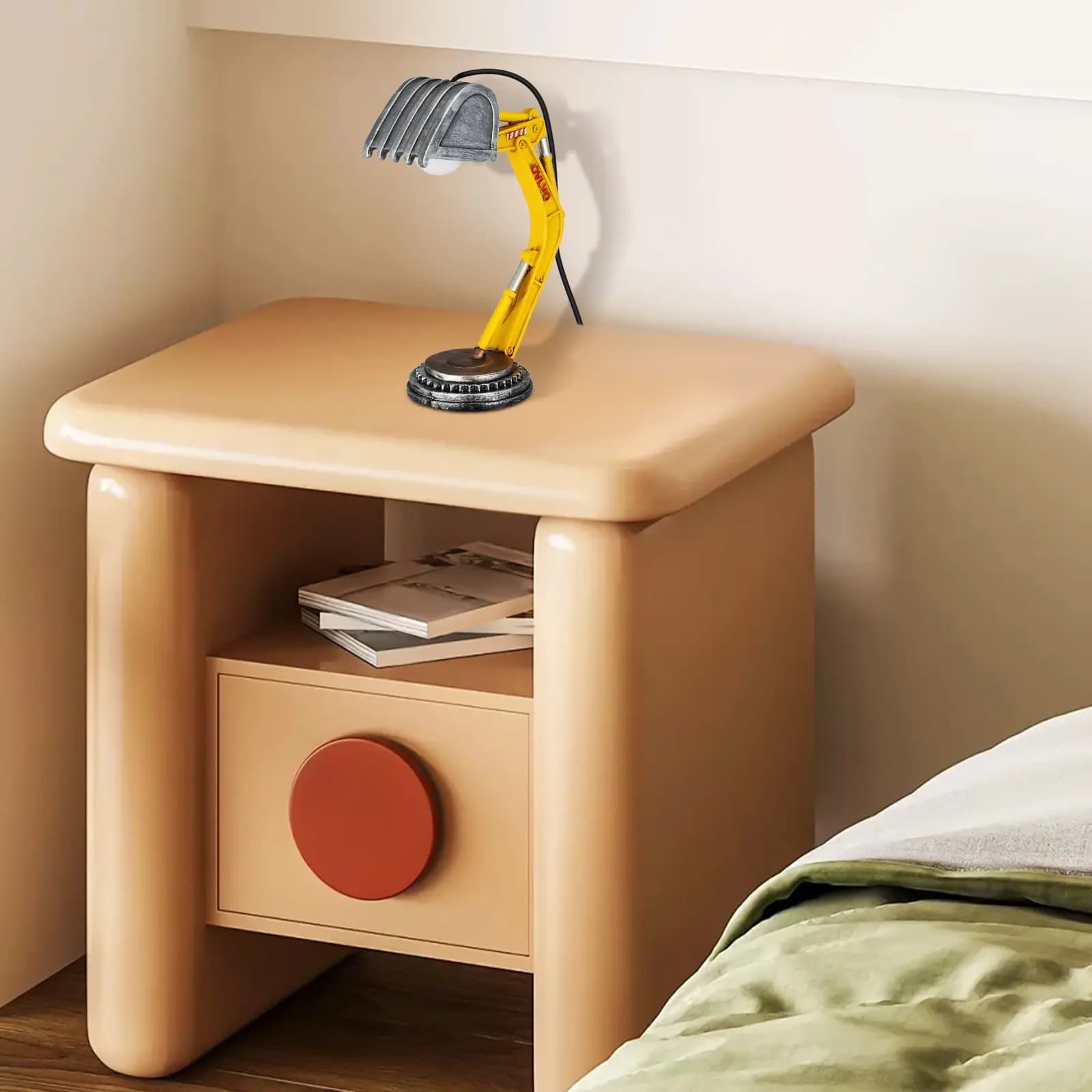 Lampada da tavolo a forma di escavatore in resina, robusta e compatta, luce da scrivania per cameretta dei bambini, decorazione per stanza a tema costruzioni, lampada da comodino per ragazzi