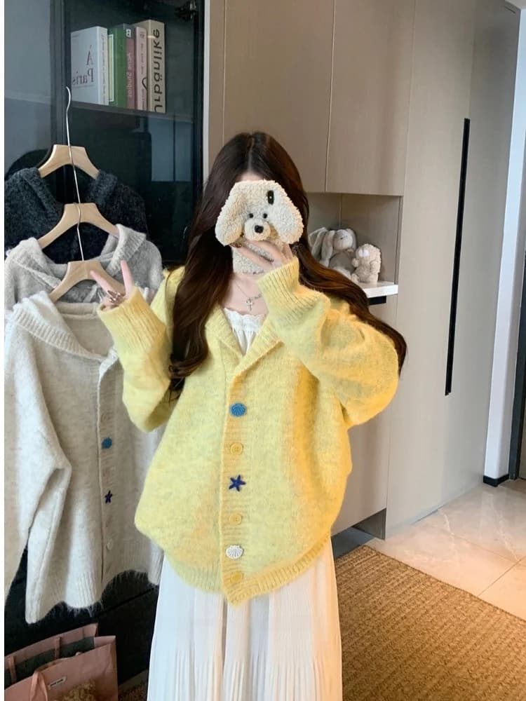 plus Size Women's Soft Cozy Knitted Hoodie Outerwear Star Button Autumn Winter New Style Commute Korean Loose Fit High Waist