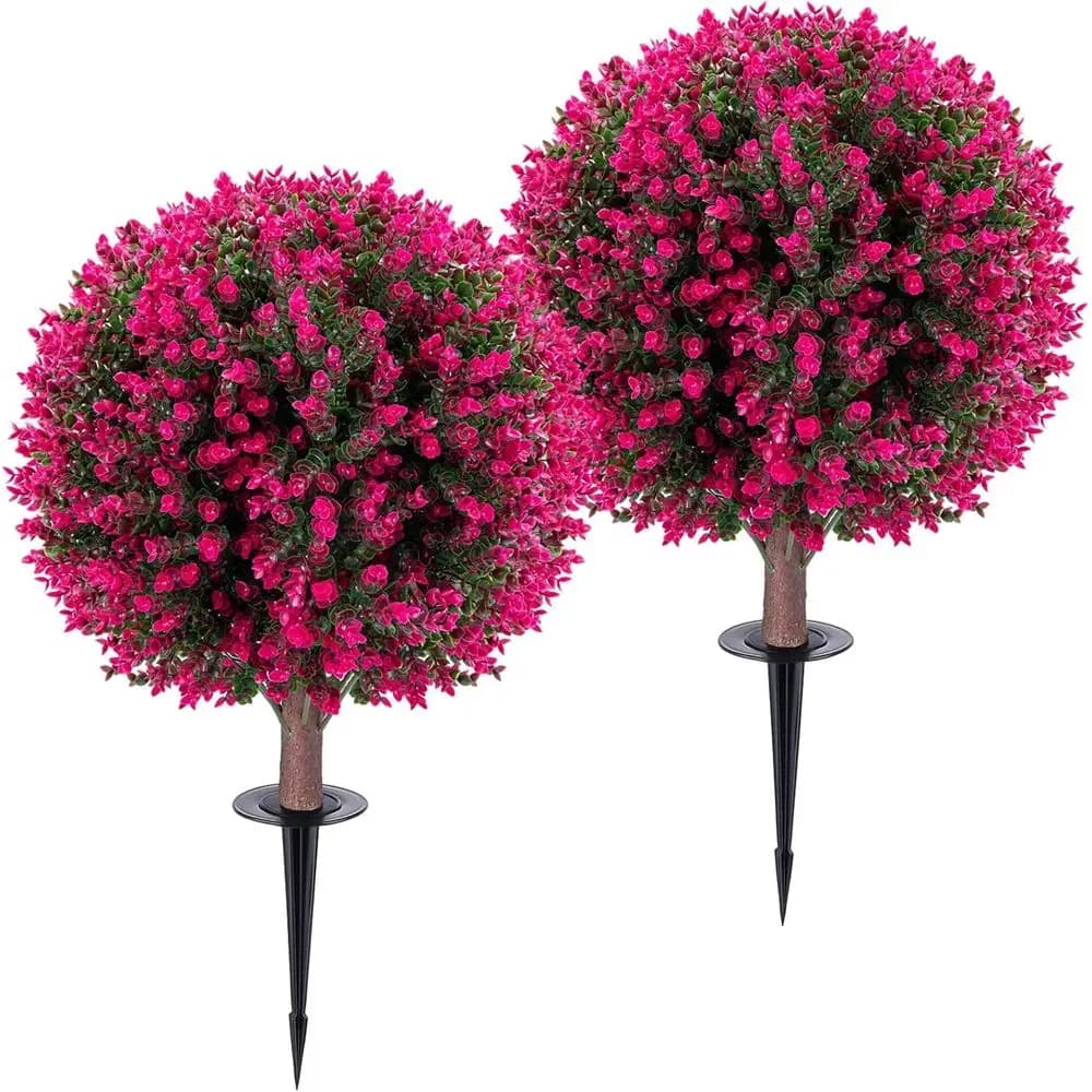 Coppia di alberi topiari artificiali di eucalipto rosa resistenti ai raggi UV, piante evergreen da esterno con punta a terra per patio e giardino D