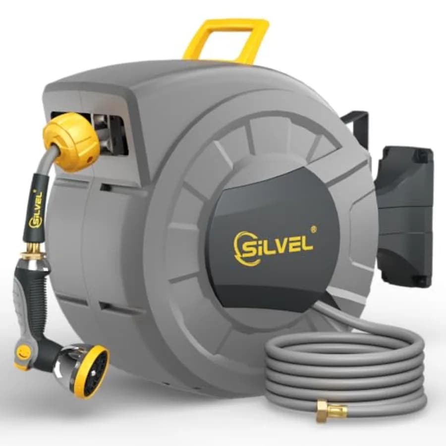 Avvolgitubo da Giardino Retrattile 1/2 Pollici x 110 Piedi, Resistente ai Raggi UV, Robusto, Automatico, Montaggio a Parete con Ugello a 10 Getti