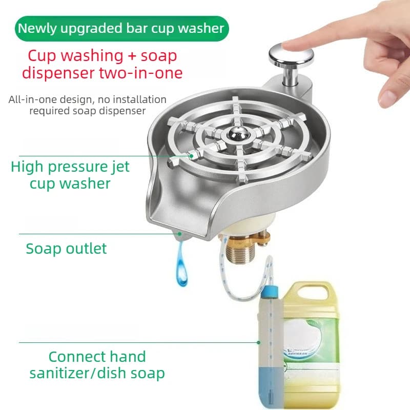 Lavabicchieri da Bar 2 in 1 con Dispenser Sapone e Sciacquabicchieri Automatico ad Alta Pressione, Portatile e a Pressione