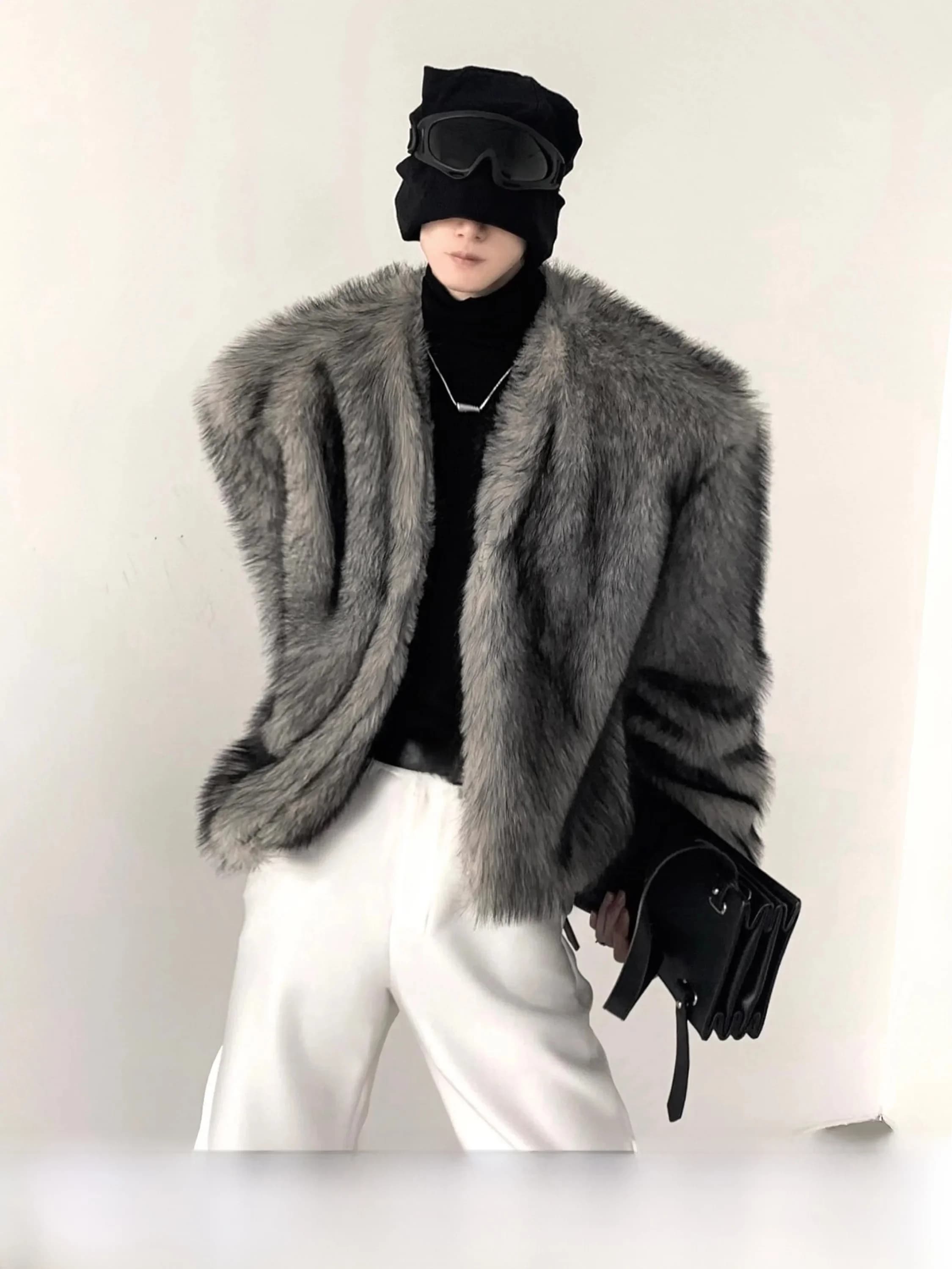 Fashionable Grey Fur Jacket Men's Neckless Coat Autumn Mountain Wind High-End Sensation Street Style Long Sleeve Short Coat